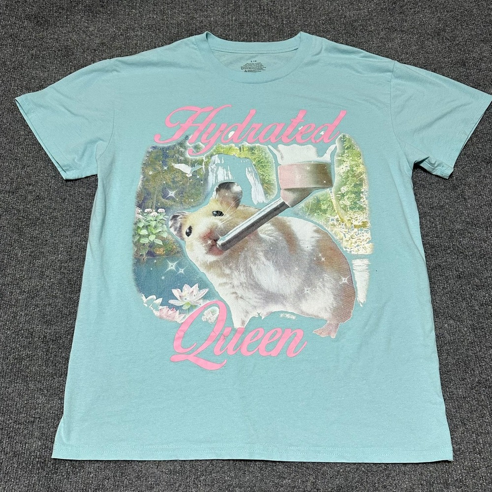 Mad Engine Hydrated Queen Hamster Graphic T-Shirt Teal Blue Large Humor Tee